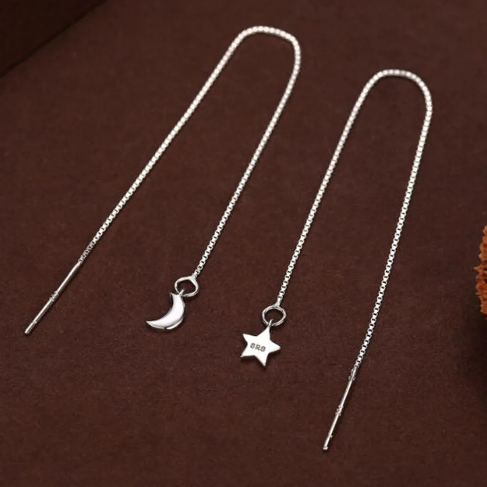 Moon and star pattern 10cm long pure silver threaded earrings, double-layer design
