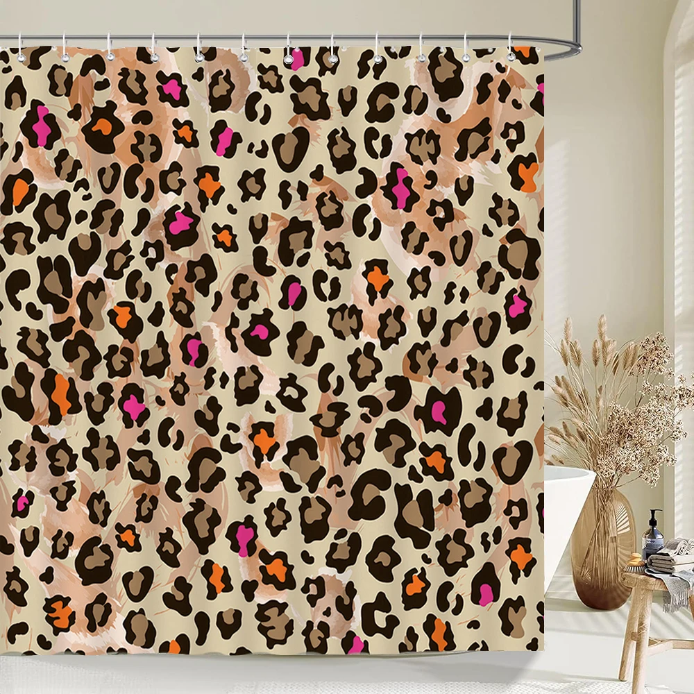 

Pink leopard pattern printed bath curtain Pebble spots shower curtain waterproof bath screen with Hooks for home bathroom decor