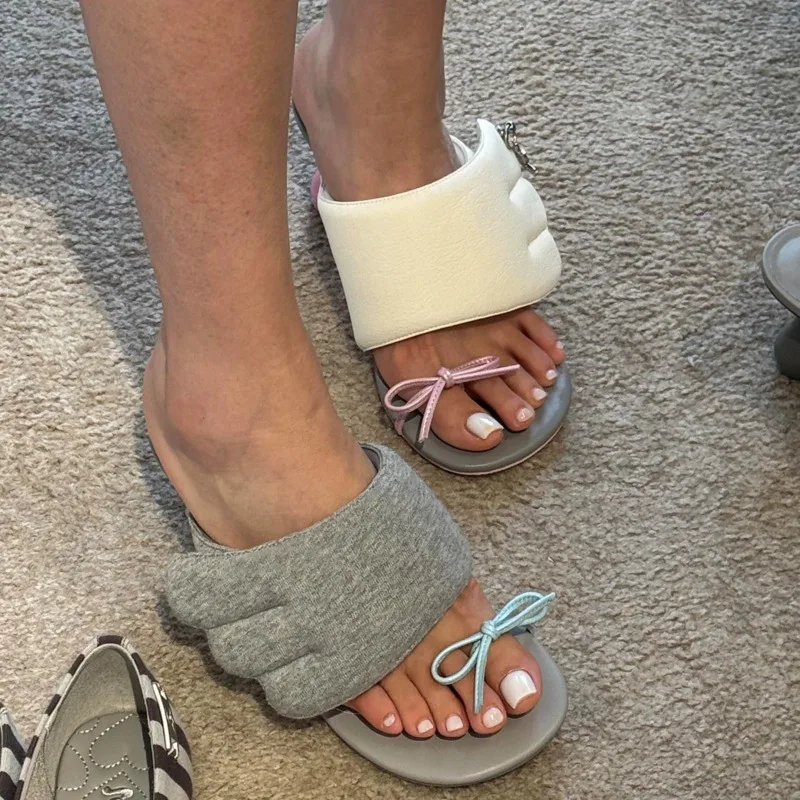 Cute Wing Bow Design Slide Sandals for Women Elegant Round Toe Thin Heel Casual Outdoor Wear Summer Fashion Slippers