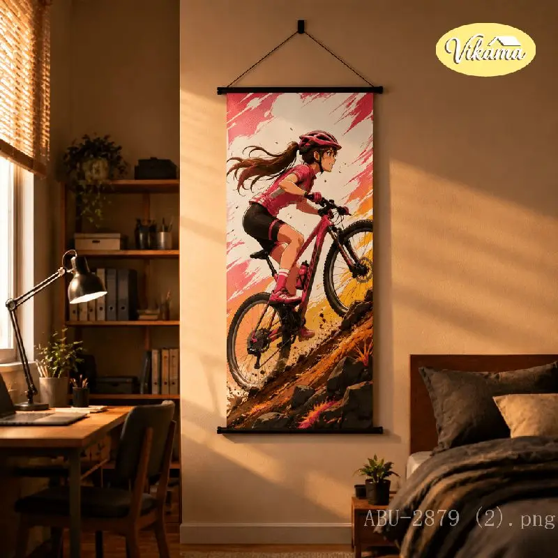 VIKAMA Anime Girl Mountain Bike Tapestry Pink Jersey Downhill Dirt Trail Sport Art Wall Hanging for Bedroom Living Room Decor