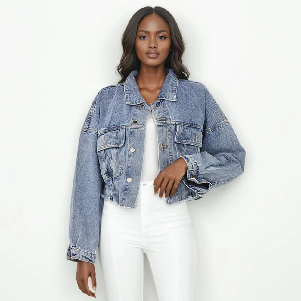 

Solid Denim Jacket For Women Lapel Puff Long Sleeve High Waist Casual Blue Short Coats Female 2022 Summer Fashion Style