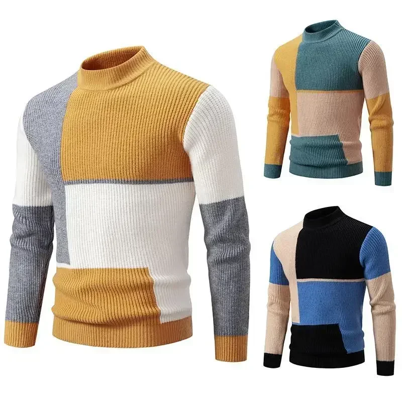 

Jumpers Mock Neck Men Solid Sweater Flat Knitted Pullovers Long Sleeve Patchwork Slim Fit 2024 Winter Slight Strech Casual