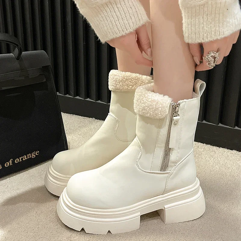 Women's Shoes 2023 Brand Zipper Women's Boots Winter Round Toe Solid Plush Warm Short Barrel Mid Heel Water Proof Fashion Boots