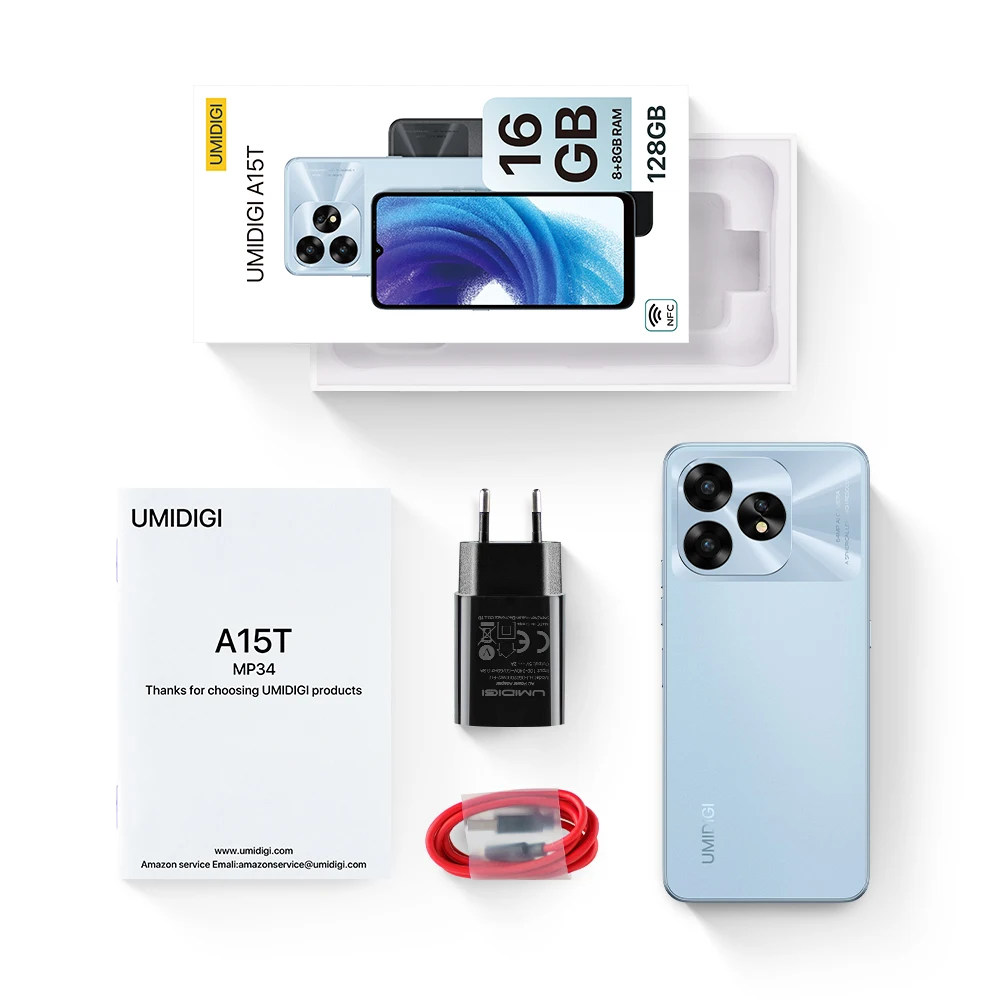 Смартфон UMIDIGI A15T Android NFC 16 ГБ (8 + 8 ГБ расширения) ОЗУ 128 ГБ ПЗУ Helio G95, 64 МП AI-камера 6,7 дюйма HD + 5000 мАч Сотовый телефон 2024