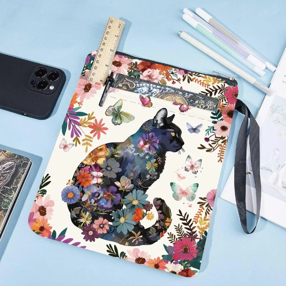 Book Cover Flower Cat Book Sleeve Cloth Washable Floral Butterfly Cat Printed Books Paperback Bag with Zipper and Extra