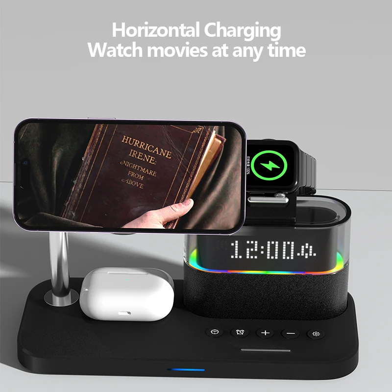 Multifunction Wireless Charger Stand Pad RGB Light Alarm Clock Speaker For iPhone Samsung Xiaomi Mini Fast Charging Dock Station view 2