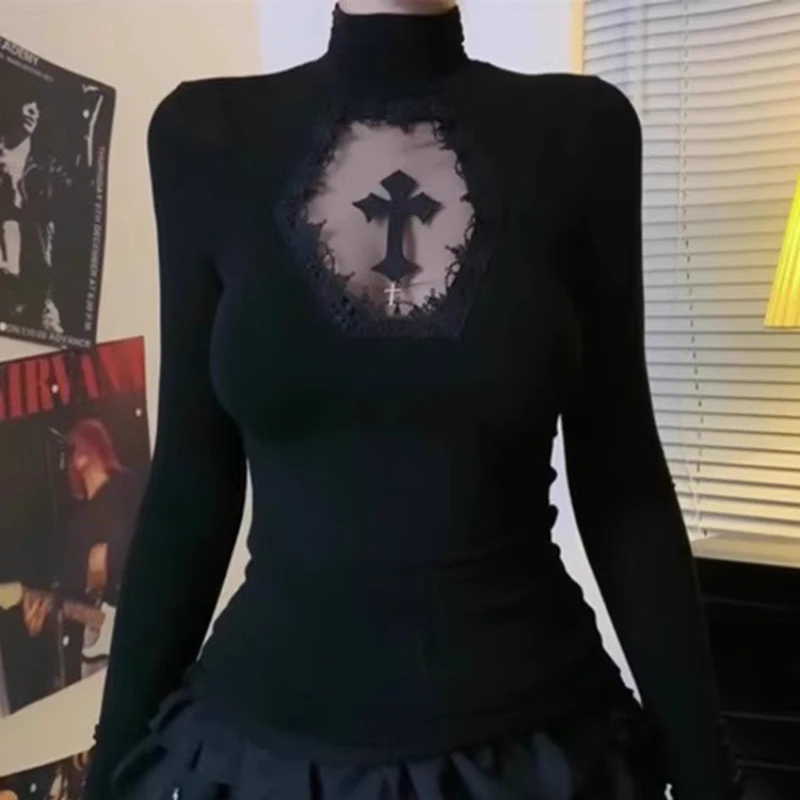 

Retro Cross Hollow Top Women's Spring and Autumn New Slim-fitting High-necked Inner Bottoming Shirt