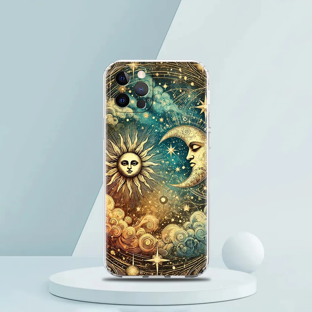 Coque de téléphone transparente en TPU souple, étui antichoc pour iPhone 16 15 14 13 12 11 Pro Max XR 8 7 Plus, motif soleil, lune, étoiles