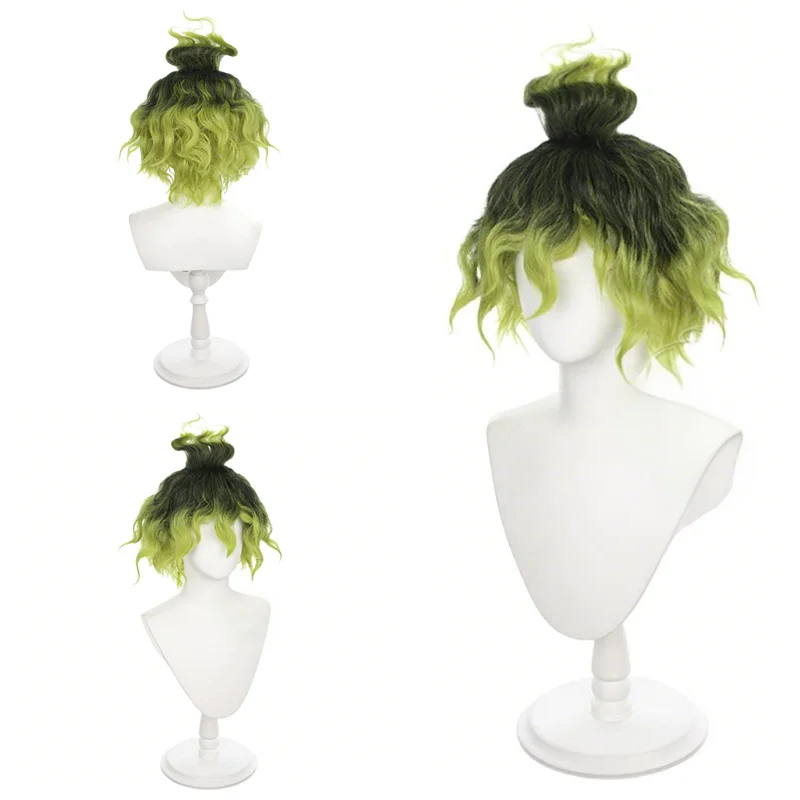 30cm Black Green Ombre Short Curly Cosplay Wig with Top Knot Spiky Fluffy Anime Heat Resistant Wig For Halloween Comic Con Party