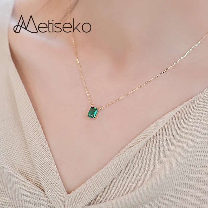 

Metiseko 925 Sterling Silver Emerald Color Necklace 14K Yellow Gold Plated Square Cubic Zirconia Pendant Choker for Women Party