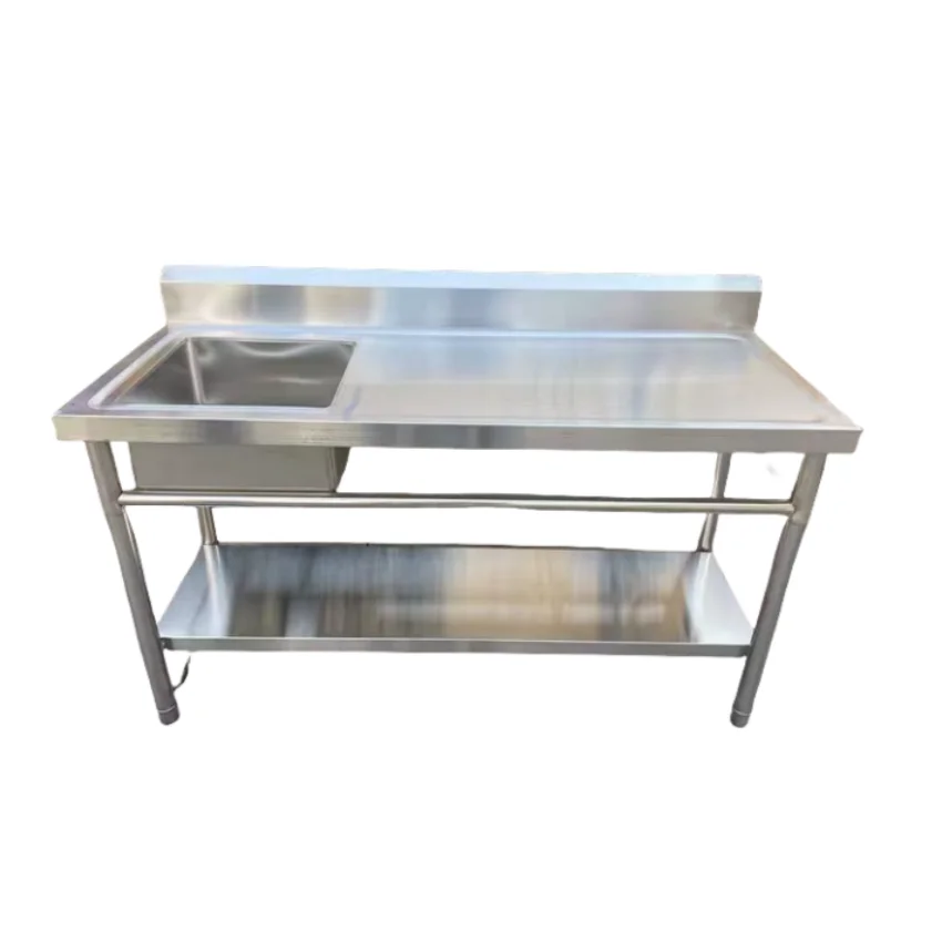 Double-Slot Stainless Steel Wood Integrated Platform Dishwasher Home Storage Hand Made Commercial Restaurant Sink for Kitchen