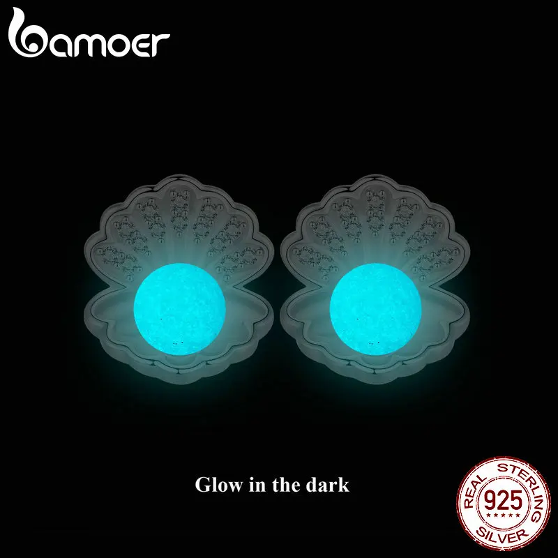 BAMOER 925 Sterling Silver Night Pearl Shell Stud Earrings Luminous Stone Hypoallergenic Earrings Glowing in the Dark Jewelry