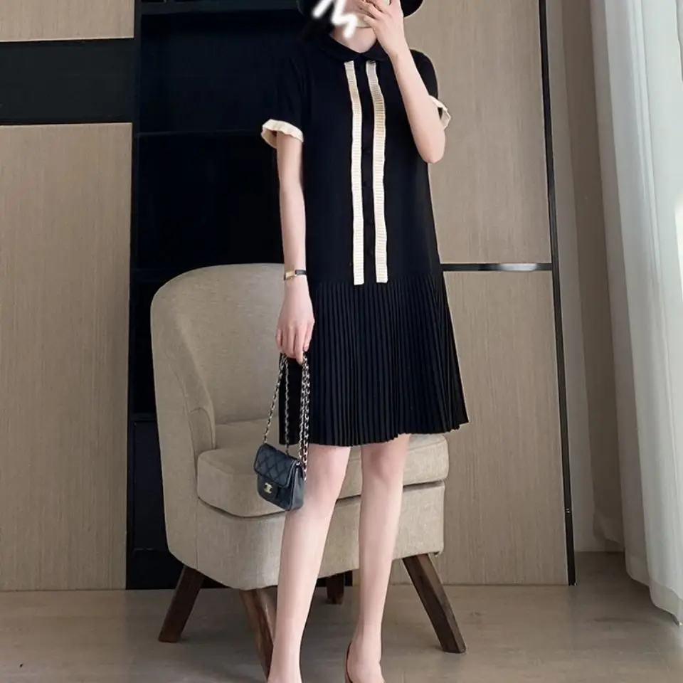 Black Dress Women\'s Summer 2023 New Fashion Loose Collar Short Sleeve Straight Tube Dress Ruffled Mid Length Dress