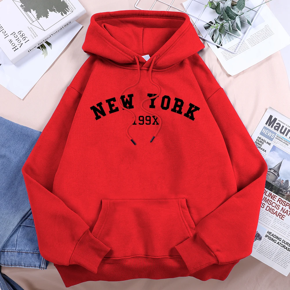 New York 199X Black Printing Women Sportwear Versatile Round Neck Hoodies Trendy Comfortable Tracksuit Personality Loose Top