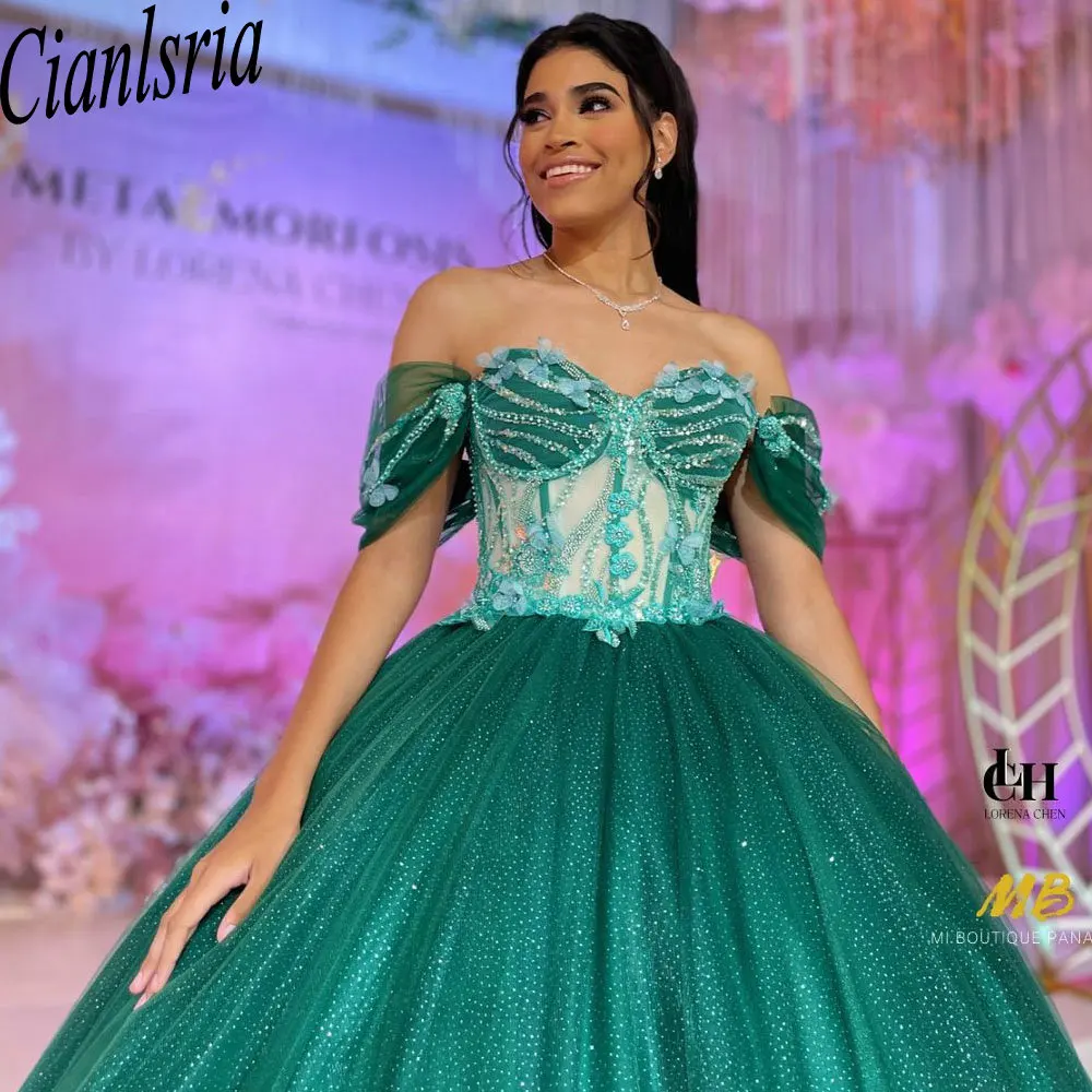 Quinceanera fora do ombro vestido espartilho com cristal, vestido de baile borboleta 3D, verde esmeralda, 15 anos