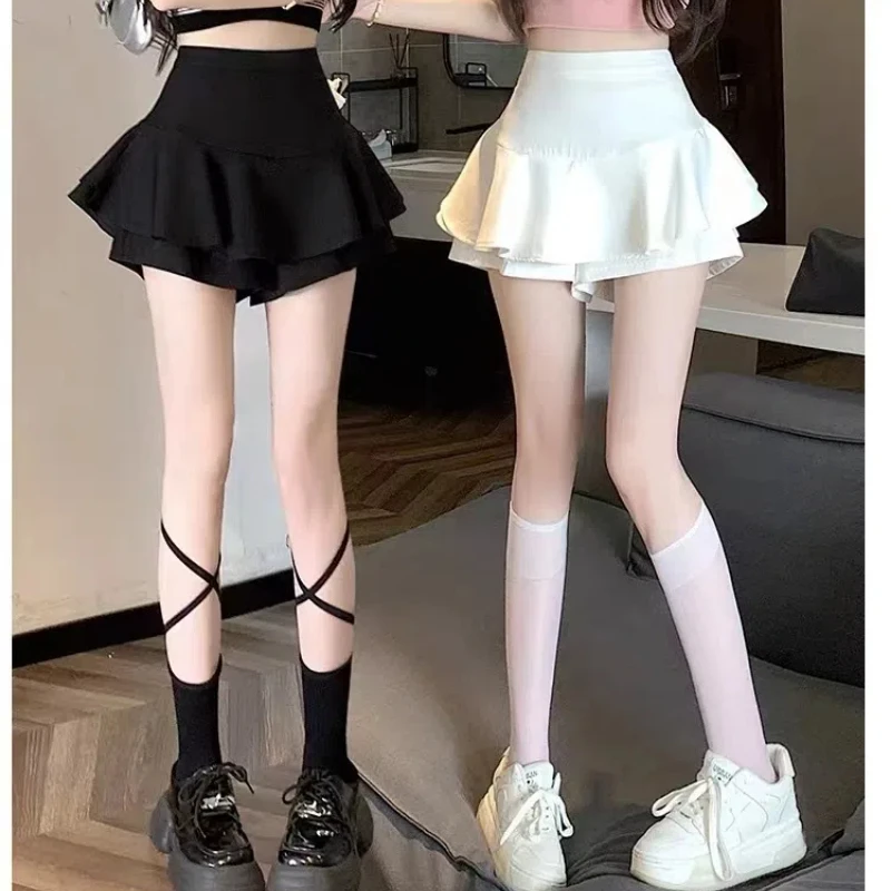 Summer 2024 New Double-layered Pleated Hundred Mini Cake Skirt Satin Shorts Ladies Korean Fashion High Waist A-Line Short Pants