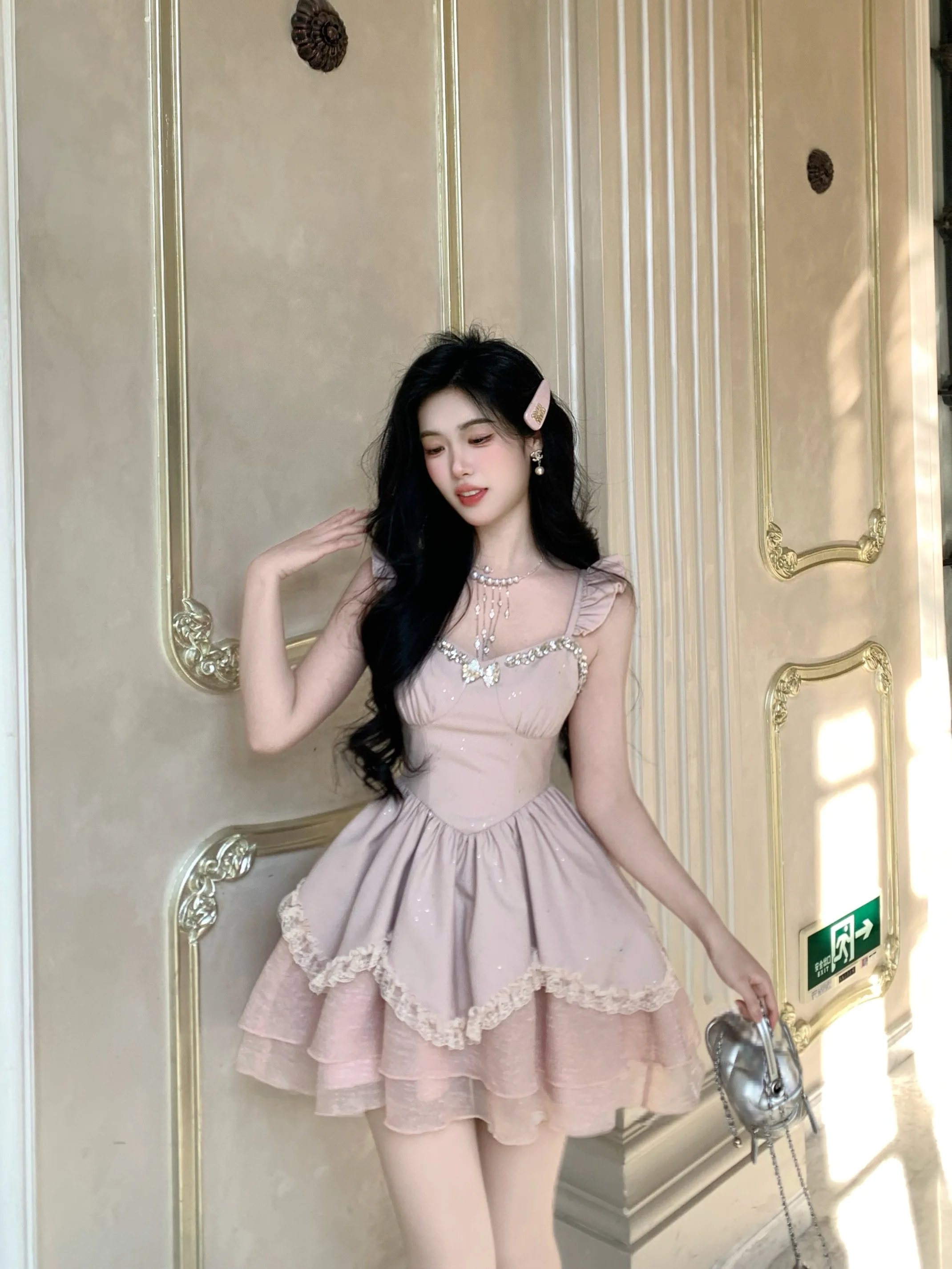 Elegante doce gola chiffon manga curta arco único breasted camisas de cintura alta magro fofo estilingue vestido conjuntos de duas peças feminino