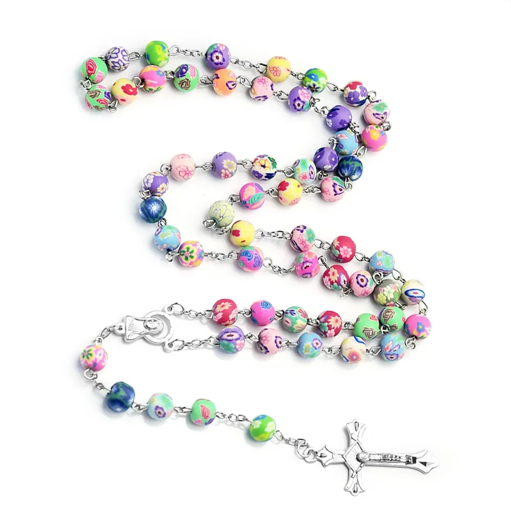 Mode Mehrfarbige Polymer Clay Perlen Rosenkranz Kreuz Halskette Für Frauen INRI Kruzifix Anhänger Fimo Kette Weibliche Religion Schmuck