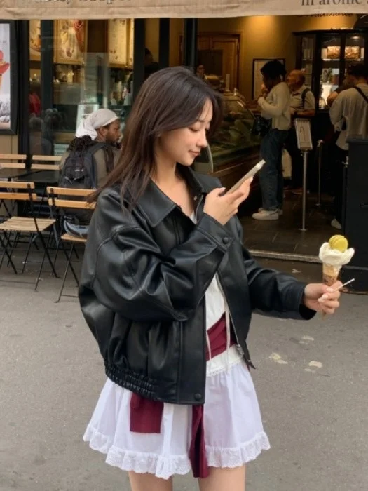 레트로 칼라 지퍼 가죽 재킷 여성 캐주얼 다용도 시크 고급스러운 느낌 재킷 탑 또는 롱 재킷 기타...