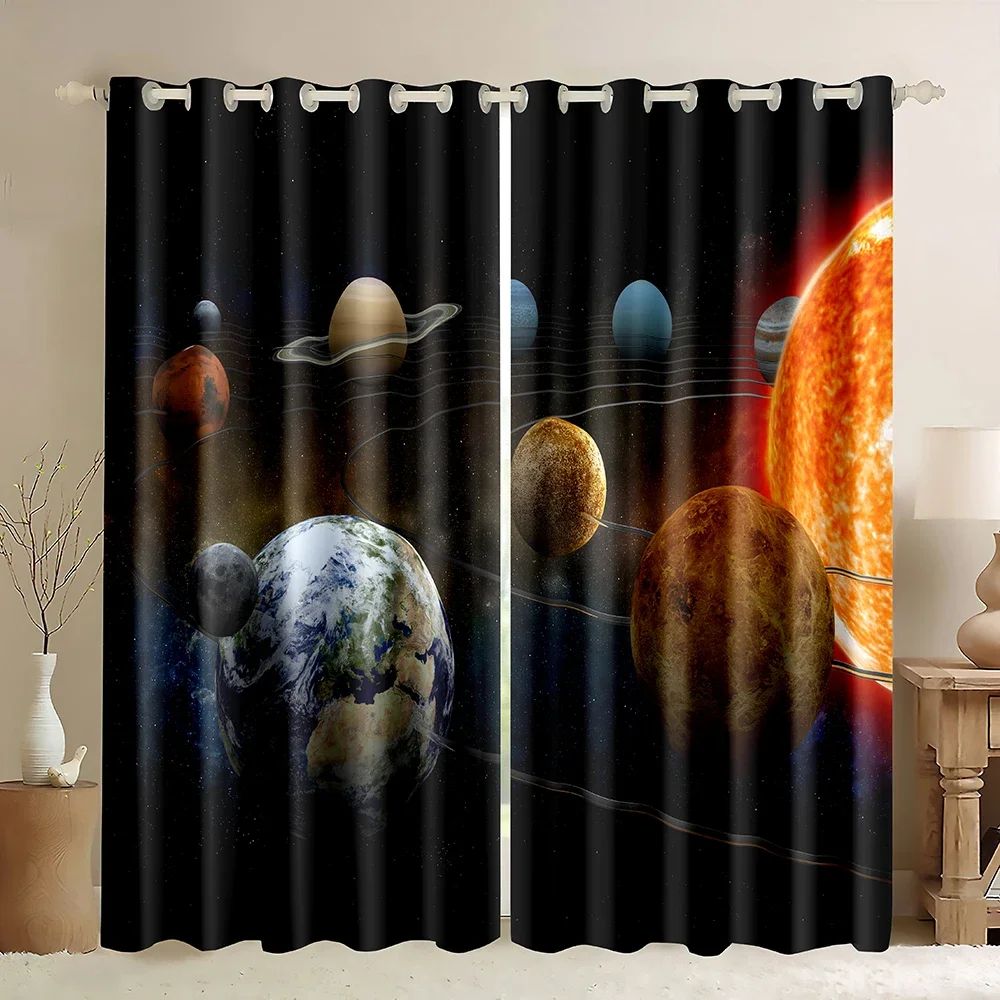 Solar System Window Curtains,Planet Solar System Sun Meteorite Stars Solar System Planets Print Blackout Curtains for Bedroom