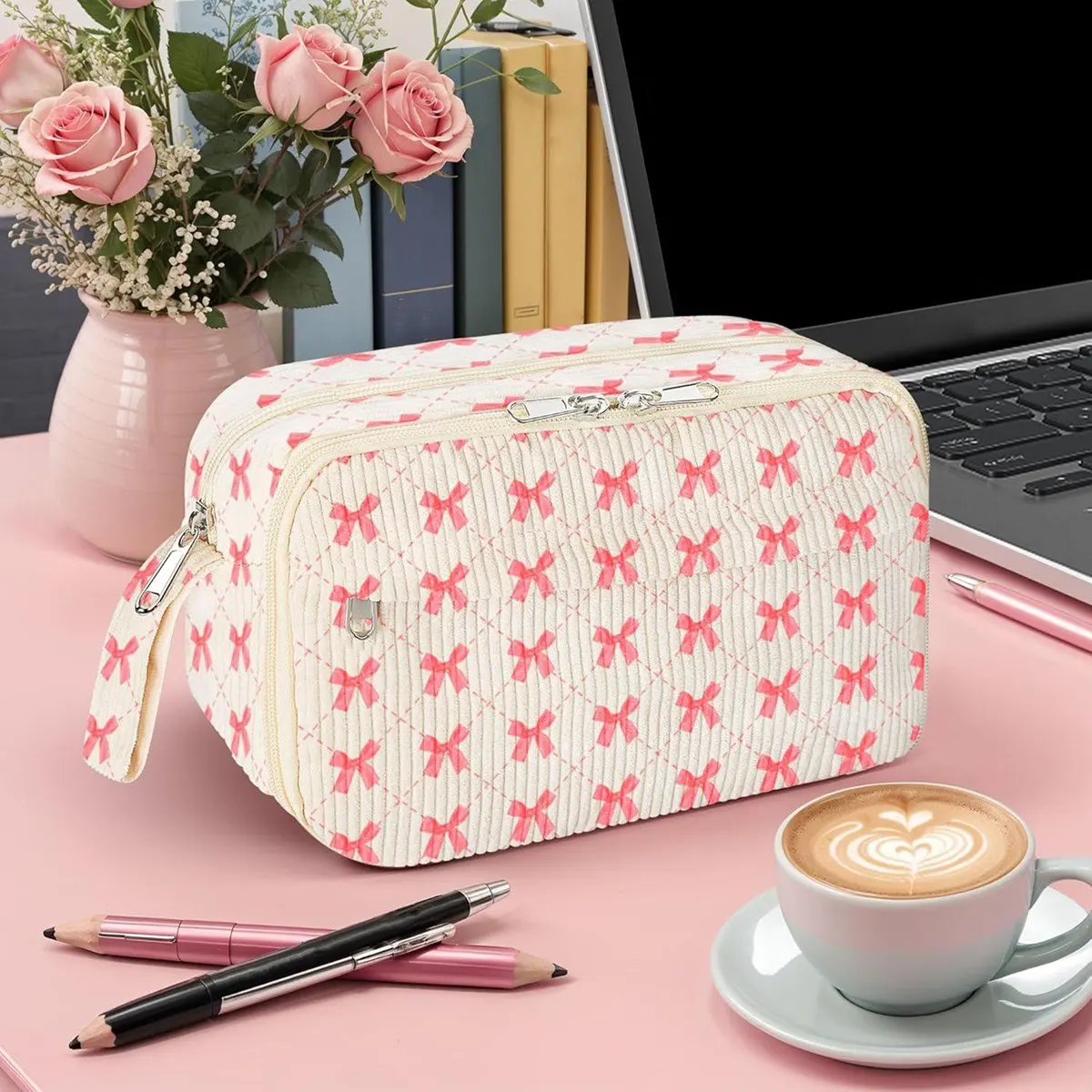 Cute Pencil Case for Girls,Large Corduroy Zippered Pencil Case Pouch, Aesthetic Pencil Bag with Compartments A