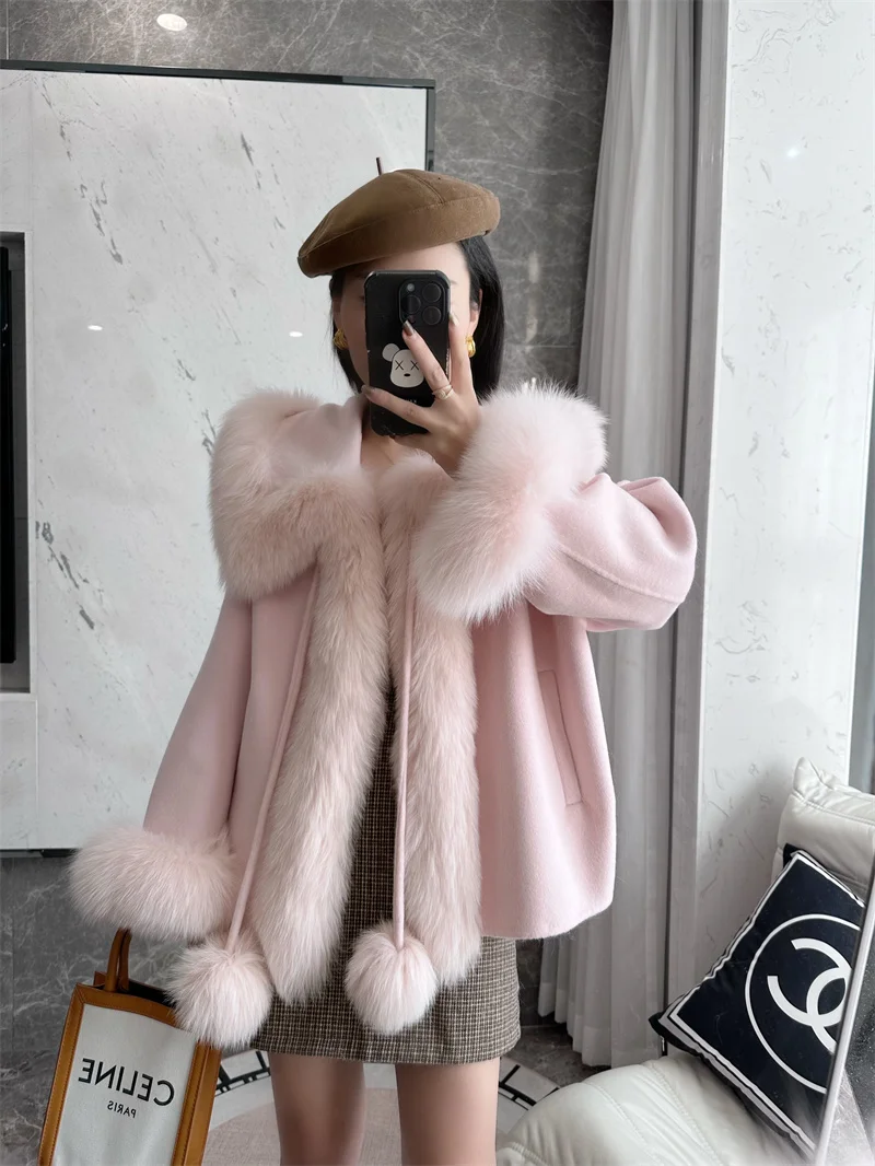 Winter Solid Fox Fur Collar Poncho Coat Luxury Warm Women Cashmere Jacket Cute Thick Female Lace up Parkas Wollen Overcoat Chic