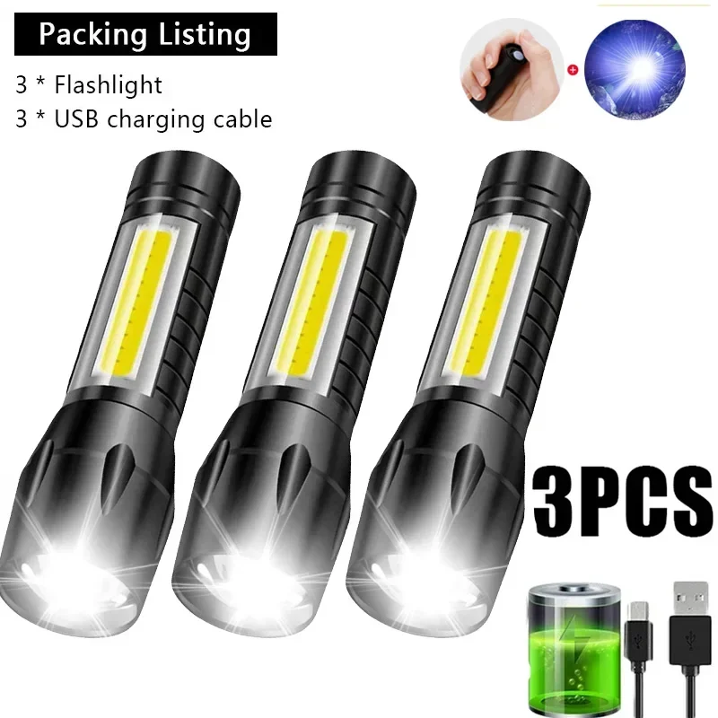 Mini Portable LED Flashlight USB Rechargeable Small Pocket Light Built In Battery Fixed Focus Zoomable Camping Searching Lantern