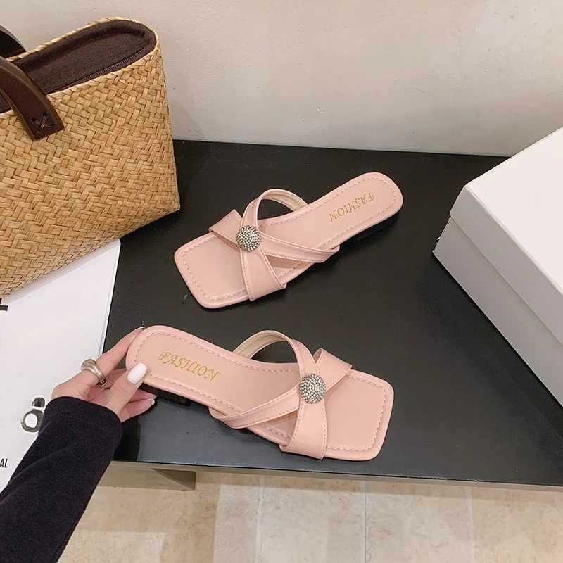 

Plus Size Slippers Summer Square Toe Open Toe Crossover with Soft Sole Non-Slip Flats