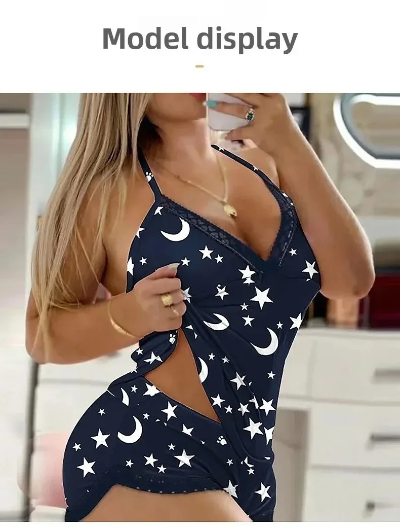 Sommerliche Freizeit-Loungewear für Damen: Ärmelloses, sexy Nachthemd mit Spitzenbesatz, Homewear, Träger-Schlafanzug, Shorts und Träger-Pyjama-Set – Detail 8