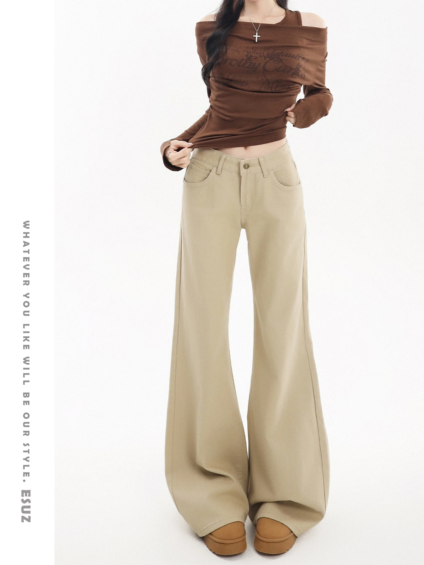 

Khaki Flared Low Waist Slimming Denim Jeans Women's Autumn Winter New American Retro Style Offcat Ladies Casual High Waist Jeans
