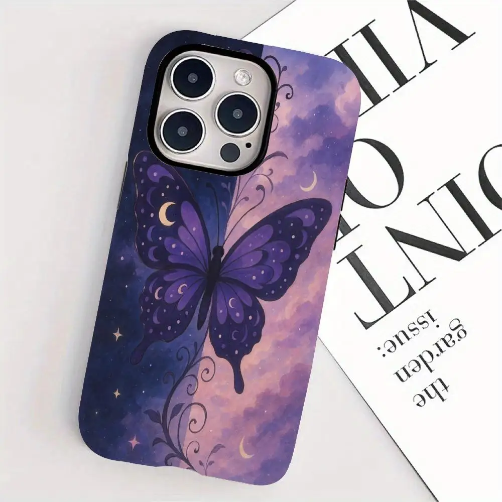 

Чехол для телефона с фиолетовым узором бабочки подходит для iPhone 17, 16, 15, 14, 13, 12, 11 Pro/Max/Plus, задняя крышка 2-в-1 с защитой от падения