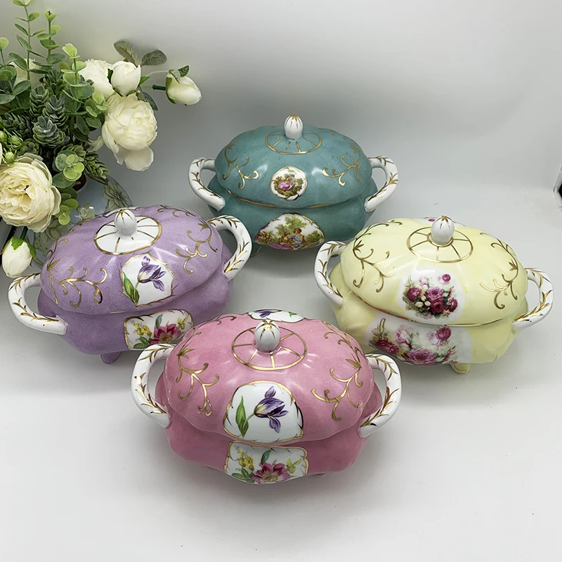 

Ceramic storage jar candy storage box snack box with lid household snack box binaural jewelry box European style four-legged jar