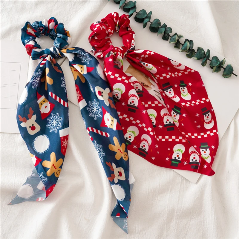 Santa Claus Bows Hair Scrunchies Long ribbon Ponytail Scarf  Hair Tie Women Girls Elastic Hair Bands Christmas Hair Accessories