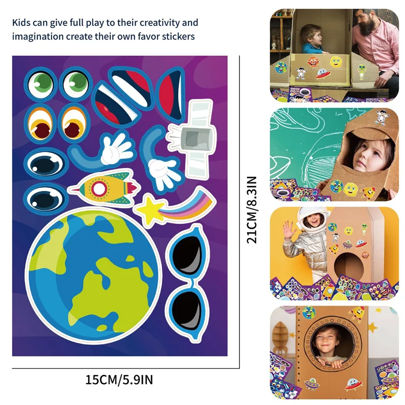 6-24Sheets Kids DIY Make A Face Stickers Toys Reusable Make Your Own Solar System Planet Alien Rocket Space Sticker For Children