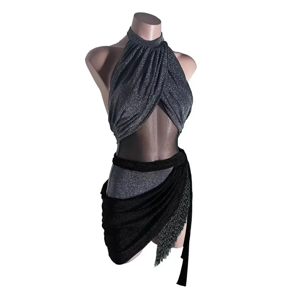 Vrouwen Latin Dans Jurk Pak Glanzende Mouwloze Backless Top Omzoomde Rok Samba Chacha Rumba Ballroom Training Prestaties Set