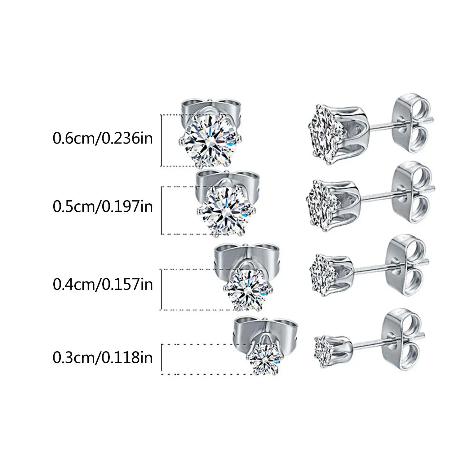 1 Pairs Hypoallergenic Square Round Zircon Stud Earrings Sensitive Ear Studs Jewelry Set For Men Women 3-6MM