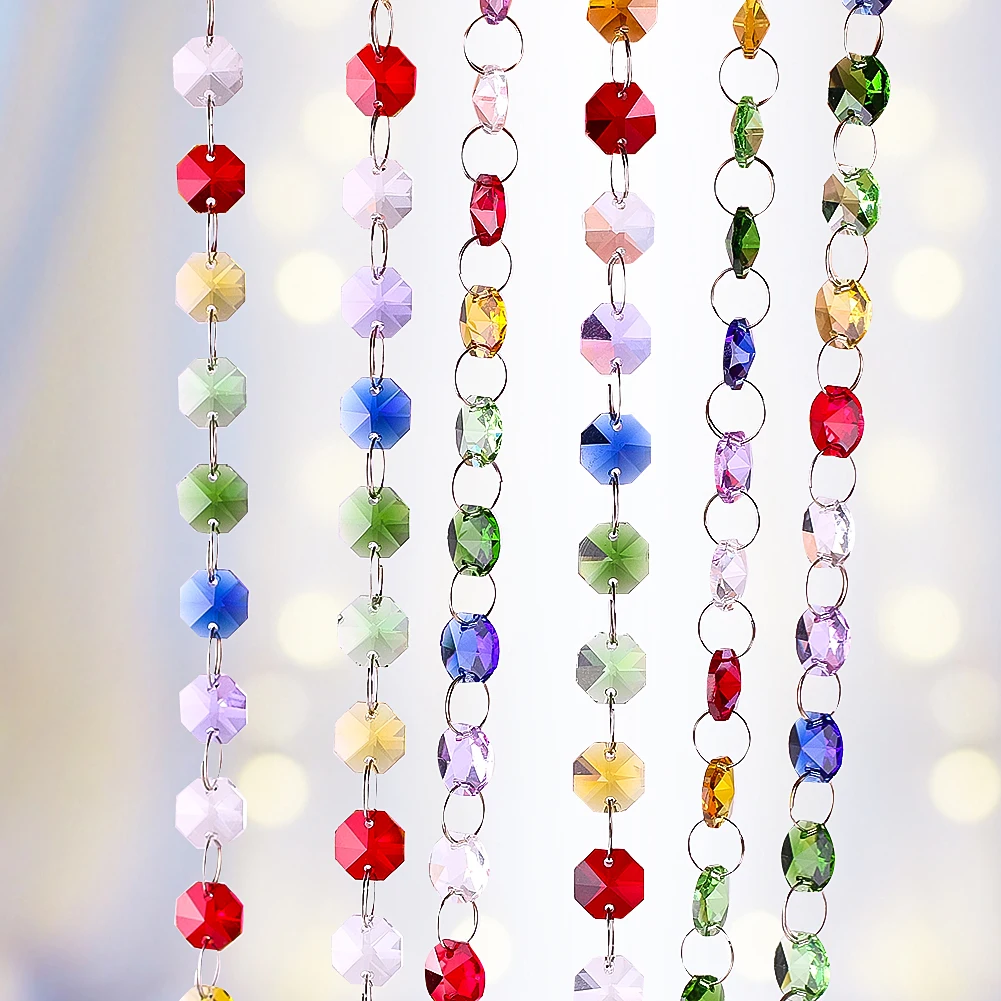 60cm Rainbow Beads 2 Holes Crystal Octagonal Glass Prism Faceted Chandelier Wind Chime Accessories DIY Door Curtain Decoration