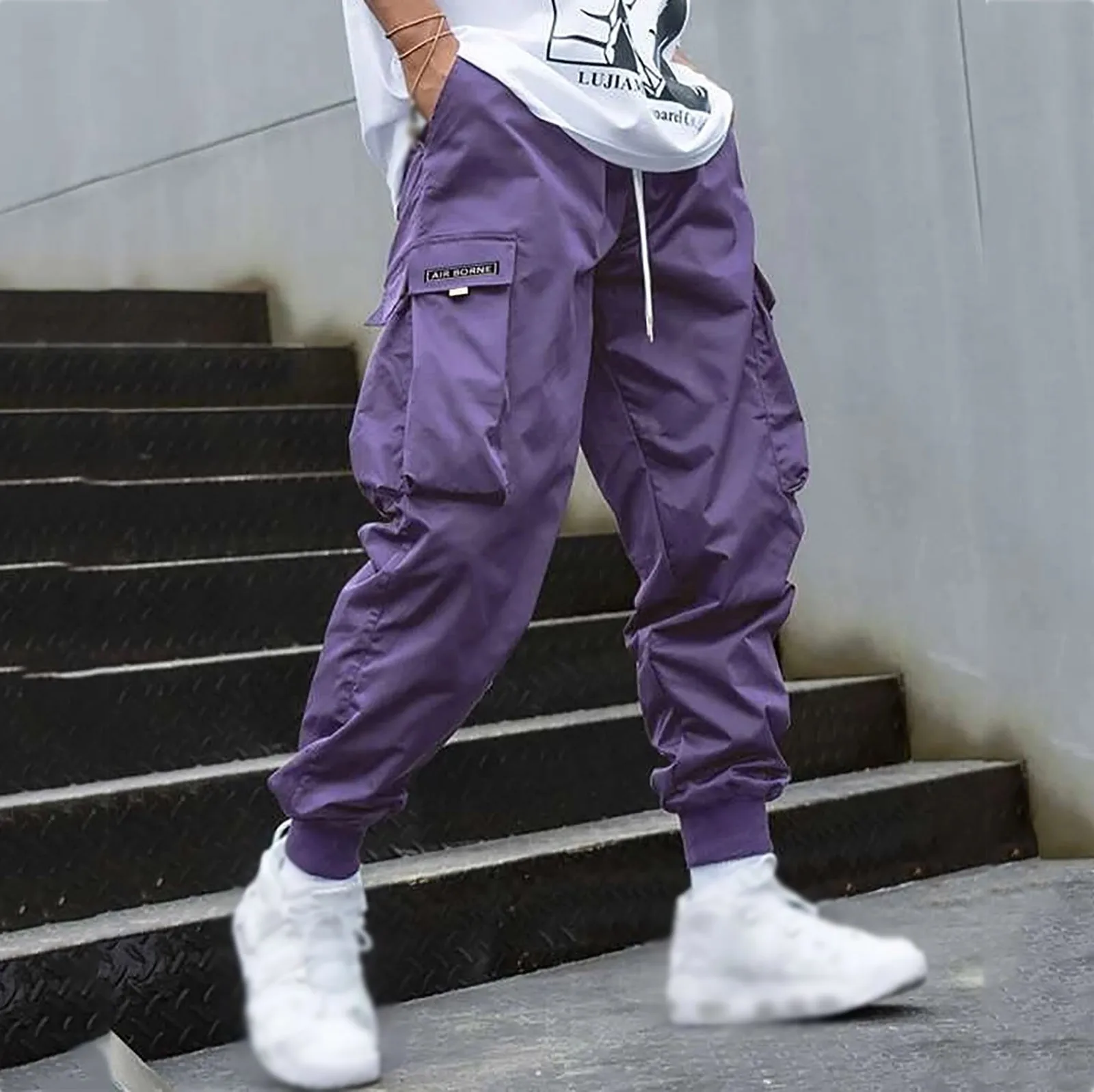 Fashion Men Cargo Pants Mens Trousers Hip Hop Joggers Pockets Purple Men Streetwear Sweatpants Korean Ankle-Length Pants