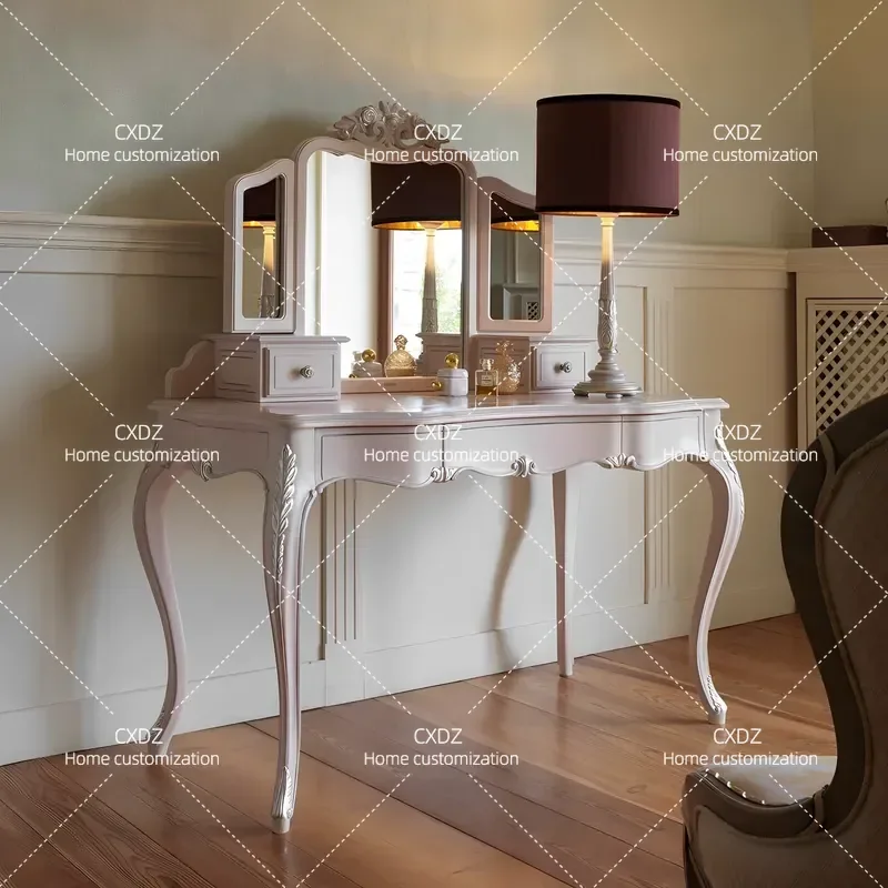 Retro Solid Wood Dresser with Mirror and Chair Light Luxury Bedroom Storage Cabinet Vintage Style Vanity Table Set for Master