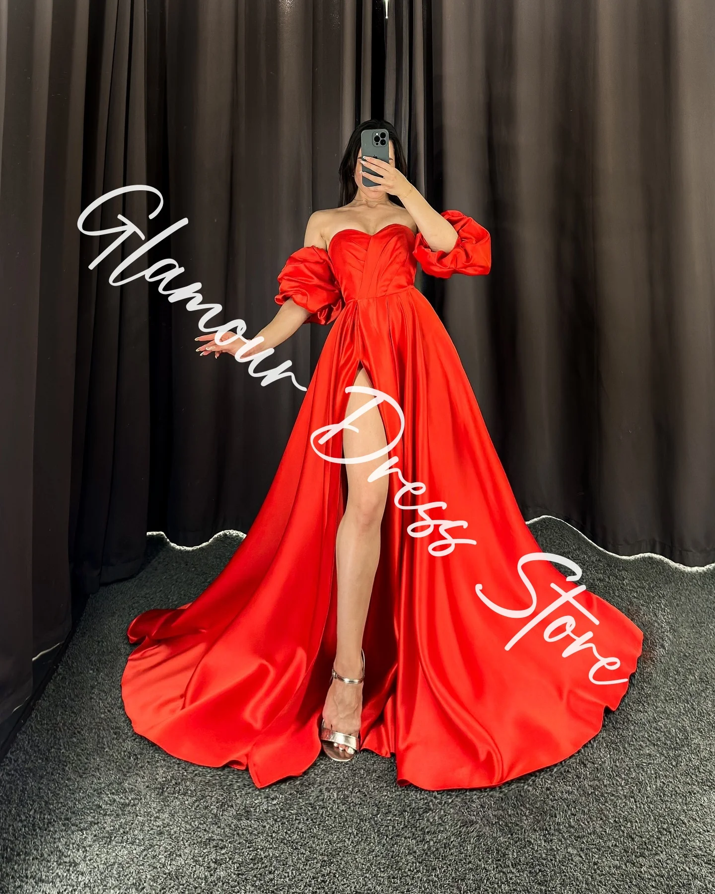 CustomizedCustomized Exquisite Satin A-Line Detachable Sleeve Evening Dresses Strapless Panel Train Bespoke Occasion Gowns Simpl