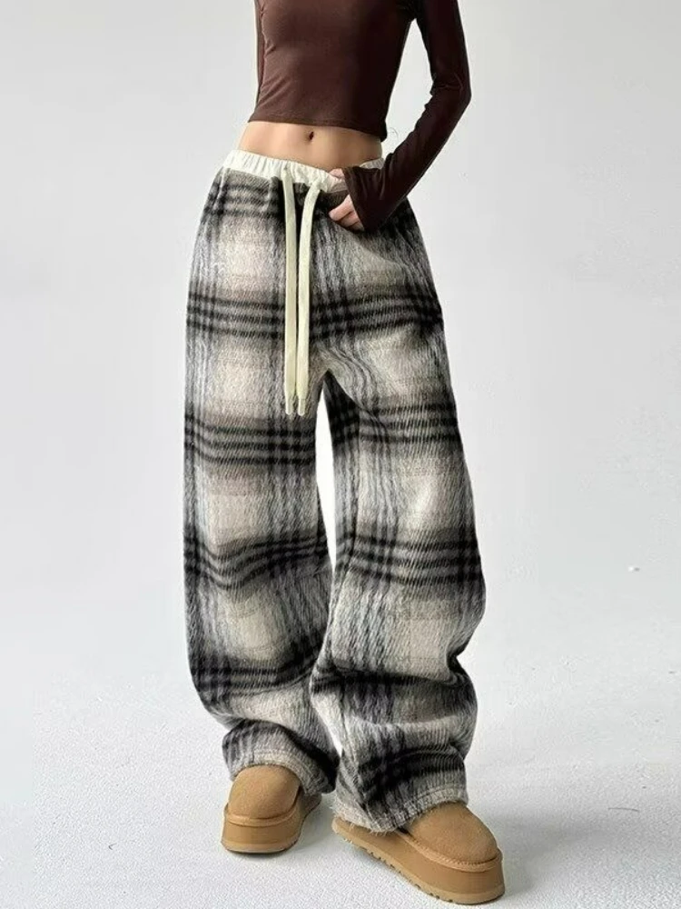 2025 outono inverno xadrez calças de lã para mulheres velo forrado cintura alta drapeado fino vintage grosso casual calças largas perna