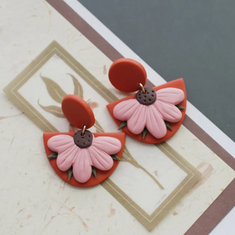 Spring Vintage Ethnic Polymer Clay Sector Half Flower Earrings Set Bright Multi Colors Handmade Dangle Jewelry for Party Wear