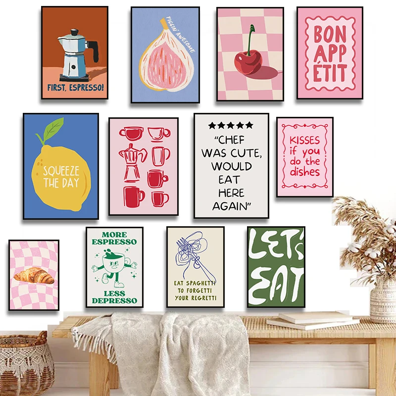 Pasta Croissant Trendy Coffee Let's Eat Pink Cherry Lemon Fig Quote Poster Canvas Painting Print Wall for Kitchen Decor Cuadros
