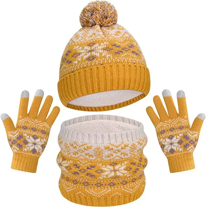 Gorro de punto cálido para niños, guantes de bufanda para niños y niñas, conjunto de tres piezas de copo de nieve para niños, conjunto de gorro con patrón de coche de dibujos animados para invierno