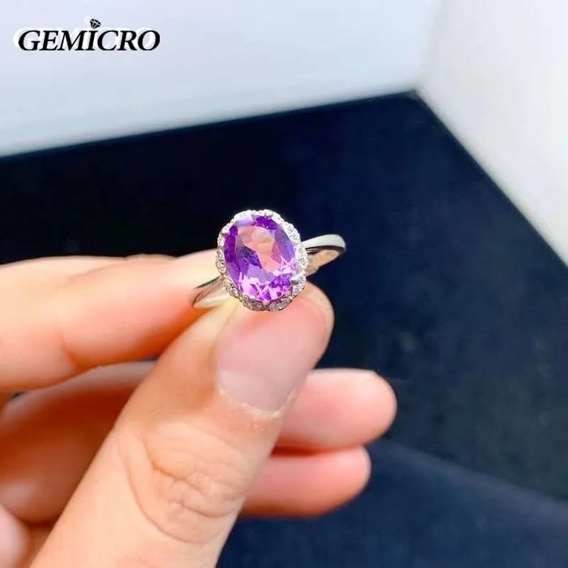 Gemicro 925 Silver Elegant Natural Amethyst Ring for Women Purple Gemstone Ladies Resizable Rings Fine Jewelry