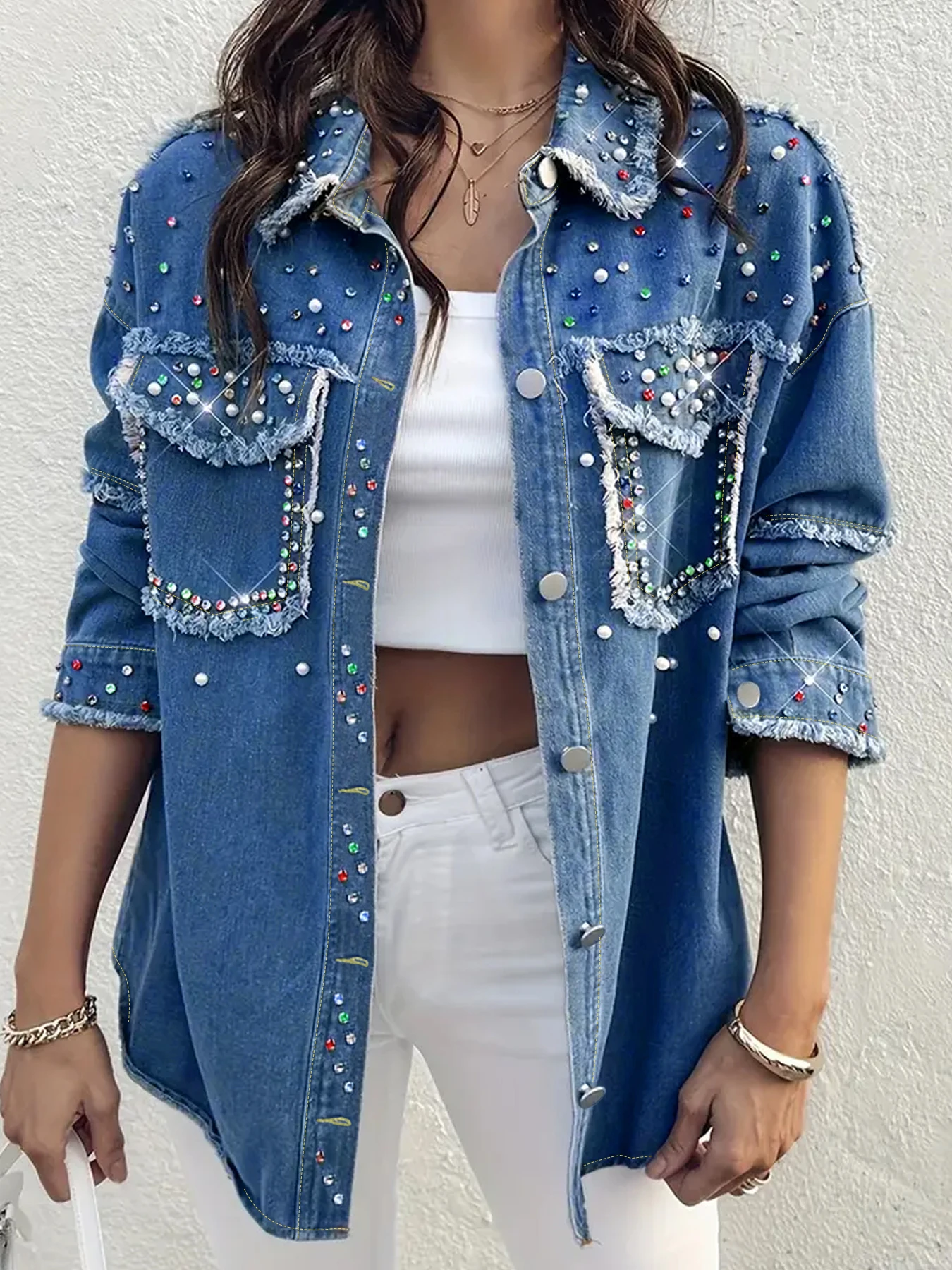 Veste en jean ample pour femme, grande taille, avec strass et perles, décontractée, délavée, grande taille