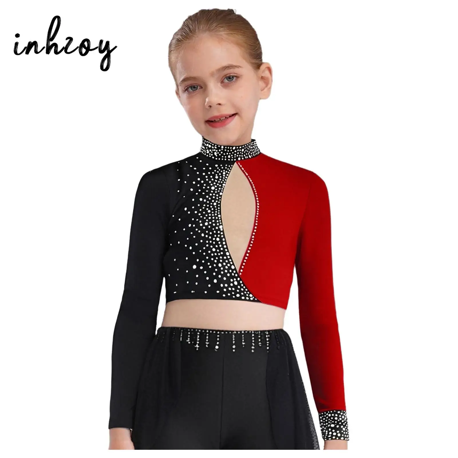 Girls Modern Lyrical Dance Crop Top Figure Skating Dance Mock Neck Long Sleeve Keyhole Back Color Block Sparkly Rhinestones Top