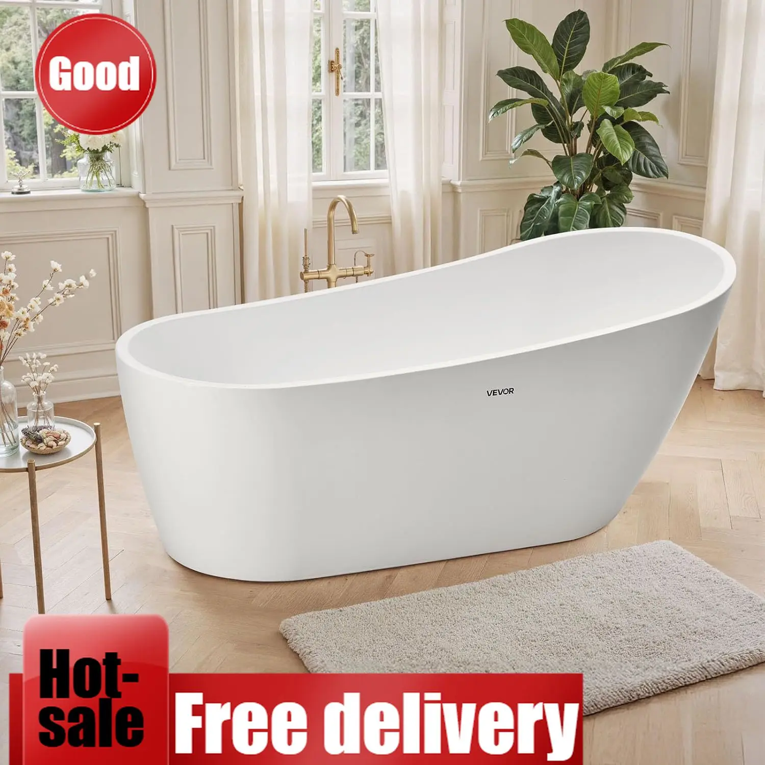 

Acrylic Freestanding Bathtub 67 Inch Contemporary Soaking White Tub with Brushed Nickel Overflow and Drain Elegant Oval Shape