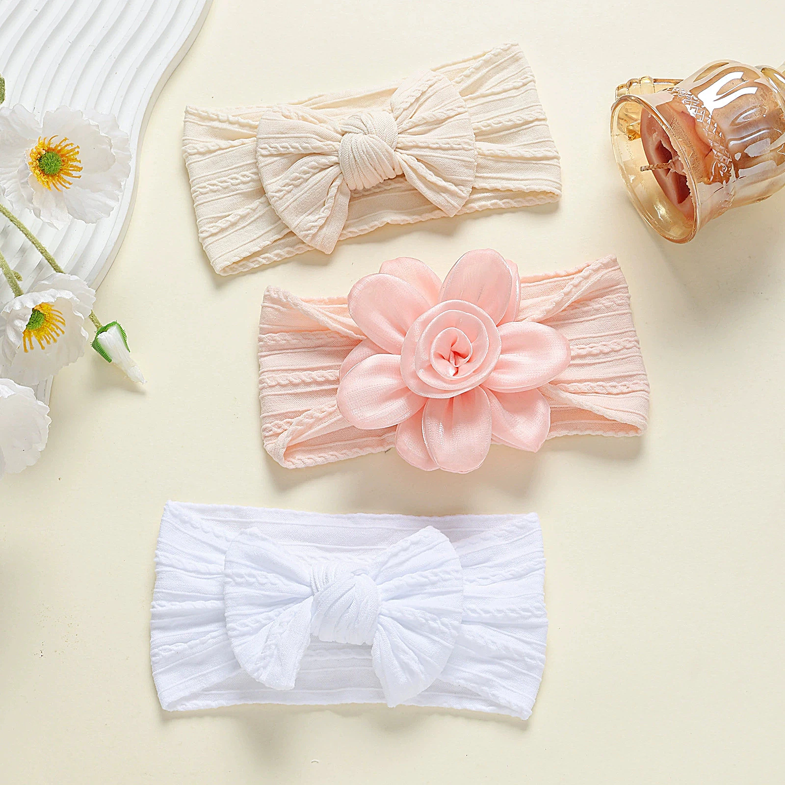 

3pcs Baby Girl Headband for Hair Nylon Bows Head Wrap Kids Knot White Pink Bow Headband Baby Headwrap Set Newborn Flower Turban