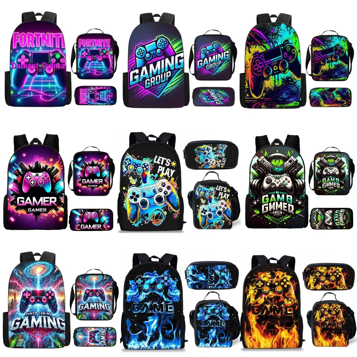 3pcs/Set Game Console Pattern Backpacks for Boy Girl Best Gifts 2D Flat Cartoon Back To School Backpack Lunch bag Pencil Case